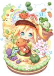 1girl :d aikei_ake apron blonde_hair broccoli brown_apron building carrot cloud collared_dress commentary_request dress eggplant flower food food_request original personification pink_flower rainbow side_ponytail smile solo tomato vegetable visor_cap water white_flower window yellow_dress yellow_flower 