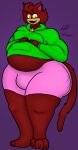 2025 anthro belly big_belly blush bottomwear bulge clothed clothing collar digital_media_(artwork) domestic_cat felid feline felis fur glowing glowing_eyes green_clothing green_eyes green_hoodie green_topwear hi_res hoodie huge_belly isaiahtse male mammal open_mouth pink_bottomwear pink_clothing pink_shorts red_body red_fur sharp_teeth shorts shy smile solo tail teeth thick_thighs topwear werecat werecreature werefelid werefeline wide_hips