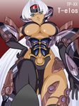  blue_eyes breasts cleavage cyborg dark_skin from_below gloves highres large_breasts legs silver_hair solo super_robot_wars super_robot_wars_og_saga_mugen_no_frontier t-elos thighs underboob xenosaga xenosaga_episode_iii 