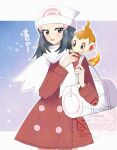  1girl :d bag beanie black_hair blush buttons chimchar coat commentary_request dawn_(pokemon) duffel_bag eyelashes grey_eyes hat highres holding_strap long_hair long_sleeves ohn_pkmn on_shoulder open_mouth outline pokemon pokemon_(creature) pokemon_dppt pokemon_on_shoulder pokemon_platinum red_coat scarf smile translation_request white_bag white_hat white_scarf 