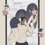  1boy 1girl abs alternate_costume alternate_hairstyle aqua_eyes asymmetrical_bangs bare_shoulders black_dress black_hair blunt_ends blush breasts bright_pupils carrying carrying_person cellphone contemporary couple covering_own_mouth dress earrings english_text eyelashes fingernails fireman&#039;s_carry frilled_dress frills genshin_impact gradient_hair grey_eyes grey_hair grin groin hair_between_eyes hair_down hand_on_another&#039;s_thigh hand_on_own_face hand_over_own_mouth hands_up hetero holding holding_another&#039;s_thighs holding_phone jewelry long_hair looking_at_mirror looking_at_viewer medium_breasts meme mirror mona_(genshin_impact) multicolored_hair navel pectorals phone photo_(object) pink_hair plaid_clothes plaid_shorts raised_eyebrows reflection scaramouche_(genshin_impact) selfie short_eyebrows shorts sleepwear smartphone smile star_(symbol) star_earrings star_print sticky_note swept_bangs toned toned_male topless_male tsurime white_pupils wispy_bangs ysnden 