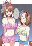  2girls absurdres ahoge animal_ears bare_shoulders belno_light_(umamusume) bikini bikini_bottom_under_shorts bikini_under_clothes blush breasts brown_eyes brown_hair checkered_ribbon cleavage closed_eyes collarbone commentary_request dantsu_flame_(umamusume) denim denim_shorts ear_covers ear_ornament ear_ribbon green_bikini hair_between_eyes hair_ornament hairband highres horse_ears horse_girl horse_tail large_breasts letter_hair_ornament multicolored_hair multiple_girls navel open_mouth pink_bikini pink_hairband scrunchie short_hair shorts smile speech_bubble stomach swimsuit tail taki_rentaro translation_request two-tone_hair umamusume umamusume:_cinderella_gray white_bikini white_hair wrist_scrunchie 