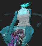 anthro ball_sniffing balls big_penis black_background blue_body body_worship bottomless breasts canid canine cleavage clothed clothing crotch_sniffing flaming_neck foreskin genitals gynomorph gynomorph_anthro hair hieronymusjohnson holding_head holding_own_head humanoid_genitalia humanoid_penis intersex intersex_anthro long_hair mammal modular modular_anatomy musk musk_cloud musk_worship musky_balls musky_penis neck_stump penis penis_sniffing purple_hair shirt shirt_only simple_background sitting sniffing solo tank_top tank_top_only topwear topwear_only