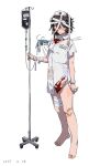  1girl alternate_eye_color bandages bandaid bandaid_on_knee bandaid_on_leg black_hair blood blood_on_clothes bracelet full_body hat heart-shift_bracelets highres intravenous_drip jewelry looking_at_viewer momijiyama_teru nurse_cap red_eyes shirt shy_(series) simple_background takatisakana white_background white_hat white_shirt 