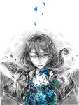  1girl alter_ego_(game) black_hair blue_butterfly blue_eyes blue_flower braid braided_ponytail bug butterfly closed_mouth collared_shirt es_(alter_ego) flower hair_between_eyes highres jacket long_hair looking_at_viewer monochrome one_eye_closed petals scarf shirt single_braid solo tsundoku white_background wind 