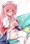 1girl absurdres azur_lane breasts center_opening cleavage commentary_request crossed_bandaids crossed_legs dress feet_out_of_frame glasses gloves hair_spread_out half_gloves hat highres id_card indoors lanyard large_breasts long_hair looking_at_viewer manjuu_(azur_lane) microdress mussyu_danachan nurse nurse_cap official_alternate_costume perseus_(azur_lane) perseus_(unfamiliar_duties)_(azur_lane) pink_eyes pink_gloves pink_hair rectangular_eyewear red-framed_eyewear sitting solo thighhighs twintails very_long_hair white_dress white_hat white_thighhighs 