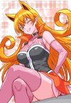  1girl azazel_ameri bare_shoulders blush breasts detached_sleeves eyelashes hair_horns highres large_breasts long_hair mairimashita!_iruma-kun manga_sakuga_(precure) one_eye_closed orange_eyes orange_hair pink_sleeves pink_thighhighs plaid_background pointy_ears sitting smile solo thighhighs thighs very_long_hair 