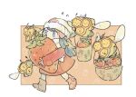  1girl basket beanie blue_eyes blue_hair boots border coat combee dawn_(pokemon) food fruit full_body hair_ornament hairclip hat holding holding_basket holding_food holding_fruit katiko long_hair looking_at_viewer orange_background pink_boots pink_coat pokemon pokemon_(creature) pokemon_dppt pokemon_platinum scarf simple_background standing strawberry white_border white_hat white_scarf 