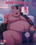 5_fingers abe_(mikrogoat) age_restriction anthro arm_tattoo basil_(mikrogoat) bathroom_scale bed bedroom black_hair clothed clothing comic cover cover_art cover_page covering covering_crotch covering_self domestic_pig english_text fingers furniture hair hi_res horn humanoid_hands inside jacket lagomorph leporid male mammal mikrogoat mostly_nude_anthro mostly_nude_male navel nipples off_shoulder overweight overweight_anthro overweight_male paper_bag pink_body pink_skin rabbit shoulder_tattoo sitting smile solo spread_legs spreading suid suine sus_(pig) tattoo text topwear weighing_scale