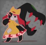 2025 absurd_res alternate_species black_body black_eyes black_hair bottomwear clothing digitigrade ena:_dream_bbq ena_(series) female fingerless_(marking) generation_3_pokemon gloves_(marking) grey_background grey_body grin hair hair_mouth hat headgear headwear heterochromia hi_res humanoid markings mawaifu mawile nintendo outline pattern_background pokemon pokemon_(species) pseudo_hair red_eyes red_hair red_outline shadow sharp_teeth signature simple_background skirt smile solo taski_maiden_(ena) teeth yellow_body