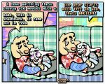2_panel_comic aloha_shirt anthro bingus_(rawdawgcomics) bird_dog canid canine canis cheek_spots clothing comic cuddling dialogue domestic_dog duo ears_down english_text eyes_closed floppy_ears fur golden_retriever half-closed_eyes humor hunting_dog lagomorph leporid male mammal narrowed_eyes open_mouth open_smile pattern_clothing pattern_shirt pattern_topwear pivoted_ears rabbit rawdawgcomics retriever shirt smile speech_bubble stahli_(rawdawgcomics) teeth text tooth_gap topwear white_body white_fur wide_eyed yellow_body yellow_fur