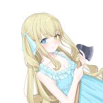  1girl axe bare_arms blonde_hair blue_dress blue_eyes blue_ribbon breasts bright_pupils cleavage closed_mouth collarbone dress drill_hair dutch_angle frilled_dress frills hair_ribbon hands_up heart heart-shaped_pupils heterochromia highres holding holding_axe holding_weapon indie_virtual_youtuber kogamino_ono light_blush long_hair long_sidelocks looking_at_viewer looking_to_the_side medium_breasts momoeolia ribbon sidelocks sideways_glance simple_background sleeveless sleeveless_dress smile solo sundress symbol-shaped_pupils two_side_up upper_body very_long_hair virtual_youtuber weapon white_background white_pupils yellow_eyes 