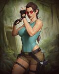  1girl absurdres black_gloves blue_leotard breasts brown_hair brown_shorts clip_studio_paint_(medium) dalejomej day fingerless_gloves forest glasses gloves highres holster lara_croft leotard long_hair looking_at_viewer medium_breasts nature outdoors red-tinted_eyewear short_shorts shorts solo tinted_eyewear tomb_raider 