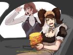  2girls braid breast_press breasts brown_hair burger car_interior crown_braid cupperexe face_against_glass food half-closed_eyes highres holding holding_burger holding_food kawakami_sadayo large_breasts looking_at_another looking_at_viewer maid_headdress multiple_girls niijima_makoto open_mouth persona persona_5 school_uniform short_hair short_sleeves shuujin_academy_school_uniform twintails 