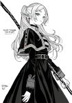  1girl belt black_belt black_capelet capelet commentary earrings elf english_commentary frieren green_eyes greyscale highres holding holding_staff inktober jewelry long_hair long_sleeves monochrome parted_bangs pointy_ears shelovesbali solo sousou_no_frieren spot_color staff standing twintails white_hair 