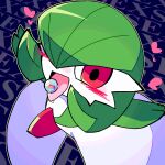  1girl blue_background blush bob_cut colored_skin commentary_request english_text flat_chest from_above gardevoir green_hair green_outline green_skin hair_over_one_eye happy heart kan_(kam48360493) looking_at_viewer looking_up mega_stone multicolored_skin object_on_tongue one_eye_covered open_mouth outline partial_commentary pokemon pokemon_(creature) red_eyes saliva short_hair smile solo standing text_background tongue tongue_out two-tone_skin white_skin 