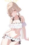  1girl absurdres banpen bikini blue_archive frilled_bikini frills hair_ornament halo hifumi_(blue_archive) hifumi_(swimsuit)_(blue_archive) highres long_hair low_twintails off-shoulder_bikini off_shoulder official_alternate_costume ribbon-trimmed_bikini ribbon-trimmed_swimsuit ribbon_trim ruffle_bikini side-tie_bikini_bottom solo swimsuit twintails white_background white_bikini wing_hair_ornament winged_halo yellow_halo 
