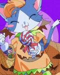  1other alternate_costume basket bat_wings blush_stickers cait_sith_(final_fantasy) candy cat closed_eyes commentary final_fantasy final_fantasy_vii food gloves halloween_costume highres holding holding_basket holding_candy holding_food holding_lollipop lollipop looking_at_viewer mob_bouto_1 no_humans open_mouth pumpkin_costume pumpkin_hat purple_background single_blush_sticker smile symbol-only_commentary tuxedo_cat two-tone_fur white_gloves wings 