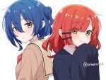 2girls alternate_costume alternate_hairstyle blue_hair blush bocchi_the_rock! cosplay costume_switch hair_ornament jacket kita_ikuyo long_hair looking_at_viewer medium_hair mole mole_under_eye multiple_girls one_side_up oversized_clothes red_hair school_uniform short_hair side_ponytail smile uimaru918 yamada_ryo yellow_eyes 