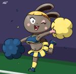 2025 absurd_res animal_crossing anthro blonde_hair blush_marks bonbon_(animal_crossing) cheerleader cheerleader_outfit clothed clothing clothing_lift colored confetti female footwear hair hi_res lagomorph leporid looking_at_viewer mammal nintendo on_one_leg one_eye_closed open_mouth pom_poms rabbit raised_arms revtilian shirt shirt_lift shocks shoes short_hair smile socks solo sr standing third-party_edit topwear wink
