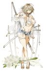  1girl ahoge belt bikini bracelet brown_hair cross_hair_ornament cross_ornament denim denim_shorts flower frilled_bikini frills gold_choker gold_jewelry green_eyes hair_flower hair_ornament hand_in_own_hair hand_up highres holding holding_sword holding_weapon jacket jewelry katana navel ootachi open_fly original planted planted_sword platform_sandals sandals sasako_mitomo see-through_clothes see-through_jacket sheath sheathed short_shorts shorts smile solo string_bikini swimsuit sword thigh_strap weapon white_belt white_bikini white_flower winged_hair_ornament 