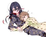  2girls 5oh5s2 black_hair blush brown_eyes brown_hair carmine_(pokemon) colored_inner_hair crossed_bangs eevee hair_between_eyes heart highres juliana_(pokemon) long_hair long_sleeves looking_at_viewer lying_on_another mimikyu multicolored_hair multiple_girls open_mouth pajamas pants pokemon pokemon_sv red_hair shirt simple_background two-tone_hair yellow_eyes 