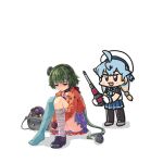  2girls ;3 acea4 asymmetrical_legwear bandages black_pantyhose blue_hair blue_neckerchief blue_sailor_collar blue_skirt blue_thighhighs brown_eyes brown_gloves bucket ferret-san fingerless_gloves gloves green_hair hat jacket kantai_collection low_ponytail mismatched_legwear multiple_girls neckerchief noumi_(halloween)_(kancolle) noumi_(kancolle) official_alternate_costume official_art one_eye_closed orange_jacket orange_skirt pantyhose ponytail purple_shirt sad sado_(kancolle) sailor_collar sailor_hat school_uniform screw_hair_ornament screwdriver serafuku shirt shoes single_shoe single_thighhigh sitting skirt sleeveless sleeveless_shirt smile thighhighs third-party_source torn_clothes undershirt white_gloves white_hat 