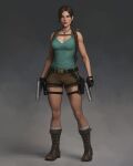  1girl absurdres boots braid braided_ponytail breasts brown_boots brown_eyes brown_hair brown_shorts dalejomej dual_wielding full_body gradient_background green_tank_top grey_background gun handgun highres holding holding_gun holding_weapon jewelry lara_croft long_hair looking_at_viewer medium_breasts necklace short_shorts shorts solo tank_top tomb_raider weapon 