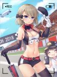  1boy 1girl :d :o aircraft asymmetrical_gloves azur_lane bangs baseball_cap belt belt_buckle beret black_bow black_gloves black_hat black_legwear black_pants black_shorts black_sleeves blimp blue_sky blush bow breasts brown_hair buckle cellphone chuor_(chuochuoi) cleavage cloud commentary_request crop_top day detached_sleeves dirigible drooling elbow_gloves eyebrows_visible_through_hair eyes_closed gloves hair_between_eyes hair_bow hat hat_removed head_tilt headwear_removed holding holding_cellphone holding_hat holding_phone light_brown_hair long_sleeves looking_at_viewer medium_breasts midriff navel open_mouth outdoors pants parted_lips phone purple_eyes race_queen red_belt shirt short_shorts shorts single_detached_sleeve single_elbow_glove sky sleeveless sleeveless_shirt smile solo_focus taking_picture thighhighs umbrella white_gloves white_shirt z23_(azur_lane) 
