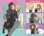 1boy 1girl aerith_gainsborough alternate_costume applying_makeup aqua_eyes arm_around_shoulder black_boots black_bow black_dress black_necktie blonde_hair blood blood_on_clothes blood_on_face blood_on_hands boots bow braid braided_ponytail breasts camera choker cloud_strife collared_shirt dress earrings final_fantasy final_fantasy_vii final_fantasy_vii_remake flower_choker green_eyes grey_pants grey_shirt hair_bow hair_ribbon halloween_costume hand_on_own_hip highres holding holding_camera holding_hands holding_pickaxe holding_unworn_clothes jacket jewelry lida_(lidalida04) light_smile medium_breasts necktie pants parted_bangs parted_lips pickaxe pink_dress pink_ribbon plaid_clothes plaid_pants ponytail red_jacket ribbon selfie shirt shirt_under_dress short_hair sidelocks single_braid single_earring sitting sleeveless sleeveless_turtleneck smile spiked_hair suspenders swept_bangs taking_picture turtleneck twitter_username white_shirt 