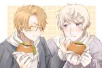  2boys ahoge america_(hetalia) axis_powers_hetalia blonde_hair blush border burger checkered_background closed_eyes closed_mouth commentary_request eating food glasses grey-framed_eyewear grey_jacket grey_sweater hands_up harutoro_39487 holding holding_burger holding_food hood hoodie jacket lapels long_sleeves looking_at_another male_focus multiple_boys open_clothes open_jacket orange_background outside_border puffy_long_sleeves puffy_sleeves purple_eyes russia_(hetalia) scarf semi-rimless_eyewear short_hair smile sweater teeth upper_body v-shaped_eyebrows white_border white_hair white_hoodie white_scarf 