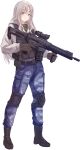  1girl absurdres belt black_belt black_boots black_vest blue_eyes blue_pants boots brown_gloves brown_shirt bulletproof_vest camouflage camouflage_pants commentary commission english_commentary full_body gloves grey_hair gun handgun highres holding holding_gun holding_weapon holster holstered knee_guards long_hair long_sleeves looking_at_viewer original pants pixiv_commission rifle shirt simple_background smile solo vest weapon welo white_background 