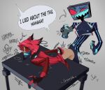 against_furniture against_surface against_table alastor_(hazbin_hotel) black_body black_clothing black_fur black_gloves black_handwear blue_clothing blue_gloves blue_handwear bodily_fluids bottomless camera clothed clothing demon dialogue dominant dominant_humanoid dominant_male drooling duo english_text eye_roll fingerless_gloves for_a_head from_behind_position fur furniture gloves grey_background hair handwear hazbin_hotel hellaverse hi_res humanoid humanoid_on_humanoid humanoid_penetrated humanoid_penetrating humanoid_penetrating_humanoid kn1f33at3r male male/male male_penetrated male_penetrating male_penetrating_male moan motion_blur object_head onomatopoeia open_clothing open_shirt open_topwear penetration red_body red_clothing red_fur red_hair red_sclera red_shirt red_topwear saliva screen screen_face screen_head sex shaking shirt simple_background sound_effects speech_bubble standing submissive submissive_humanoid submissive_male table tan_body tan_skin tears text thrusting topwear trembling video_camera vox_(hazbin_hotel)