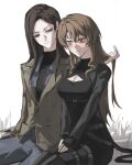  2girls absurdres age_difference artist_request black_gloves black_pants black_shirt blurry blurry_background blush breasts brown_hair brown_jacket cleavage cleavage_cutout closed_mouth clothing_cutout collared_jacket collared_shirt couple english_commentary fingerless_gloves gloves grass green_eyes grey_pants hair_between_eyes head_tilt height_difference highres holding_another&#039;s_hair jacket large_breasts lee_sookyung light_smile long_hair long_sleeves looking_down looking_to_the_side multiple_girls nervous omniscient_reader&#039;s_viewpoint outdoors own_hands_together pants parted_bangs shade shirt shy sitting straight_hair surprised wavy_hair white_background wide-eyed yoo_sangah yuri 