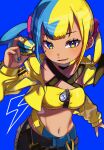  1girl aqua_hair bandeau black_mask blonde_hair blue_background blue_eyes blue_nails blush breasts canari_(pokemon) criss-cross_straps dark-skinned_female dark_skin highres holding holding_poke_ball jacket long_sleeves looking_at_viewer mask mask_pull medium_breasts mega_stone mouth_mask multicolored_hair navel open_mouth pants parted_lips poke_ball pokemon pokemon_legends:_z-a quick_ball short_twintails simple_background smile solo split-color_hair sports_bra twintails two-tone_hair two-tone_mask two-tone_pants yellow_bandeau yellow_jacket yellow_mask yellow_nails yellow_sports_bra yomogi_dango_(sbj_rocketlink) 