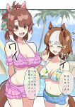  2girls absurdres ahoge animal_ears bare_shoulders belno_light_(umamusume) bikini bikini_bottom_under_shorts bikini_under_clothes blue_sky blush breasts brown_eyes brown_hair checkered_ribbon cleavage closed_eyes cloud collarbone commentary_request dantsu_flame_(umamusume) denim denim_shorts ear_covers ear_ornament ear_ribbon green_bikini hair_between_eyes hair_ornament hairband highres horse_ears horse_girl horse_tail large_breasts letter_hair_ornament multicolored_hair multiple_girls navel open_mouth outdoors palm_tree pink_bikini pink_hairband pool scrunchie short_hair shorts sky smile speech_bubble stomach swimsuit tail taki_rentaro translation_request tree two-tone_hair umamusume umamusume:_cinderella_gray water white_bikini white_hair wrist_scrunchie 