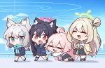  4girls :3 :d :o absurdres ahoge animal_ear_fluff animal_ears ankle_socks aqua_necktie aqua_scarf assault_rifle bag beretta_ar70/90 black_bag black_bow black_gloves black_hair black_shoes black_skirt black_socks blazer blonde_hair blue_archive blue_eyes blue_halo blue_jacket blue_sky blush bow breasts cat_ears chest_strap chibi closed_eyes cloud collared_shirt commentary crawling cross_hair_ornament double-parted_bangs fang fingerless_gloves full_body gloves grey_hair gun gun_on_back hair_between_eyes hair_bow hair_intakes hair_ornament halo hand_on_another&#039;s_head hand_up highres hood hood_down hooded_jacket hoshino_(blue_archive) id_card illust_sucong jacket knee_pads kneehighs lanyard long_hair looking_at_viewer medium_hair multiple_girls necktie nonomi_(blue_archive) off_shoulder one_side_up open_clothes open_jacket open_mouth outdoors outline pink_hair pink_halo plaid_clothes plaid_skirt pleated_skirt pout red_eyes rifle scarf school_uniform serika_(blue_archive) shadow shiroko_(blue_archive) shirt shoes shoulder_bag sidelocks sig_556 sig_sauer single_knee_pad skirt sky smile socks striped_clothes striped_scarf sweatdrop symbol-only_commentary twintails very_long_hair walking weapon weapon_on_back white_outline white_shirt white_shoes white_socks wolf_ears yellow_jacket 