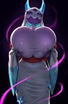  1girl azuu_(azuucookie) back_bow backlighting black_background blue_eyes bow breasts colored_sclera colored_skin commentary covered_nipples english_commentary froslass gigantic_breasts grabbing_own_breast half-closed_eyes highres japanese_clothes kimono long_sleeves looking_at_viewer mature_female mega_froslass personification pokemon pokemon_(creature) purple_skin sash see-through_clothes see-through_kimono simple_background slit_pupils solo standing white_kimono wide_hips wide_sleeves yellow_sclera 