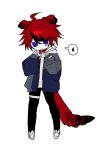  1boy :&lt; ahoge animal_ears black_hair black_pants blue_eyes blue_jacket closed_mouth collar colored_skin commentary dog_boy dog_ears dog_tail drawstring full_body grey_jacket hair_between_eyes hands_up highres hood hood_down hoodie jacket jacket_over_hoodie long_sleeves male_focus multicolored_hair multicolored_jacket nyab_oo open_clothes open_jacket pants red_collar red_hair shoes short_hair simple_background sketch sleeves_past_wrists sneakers solo speech_bubble spoken_sweatdrop streaked_hair sumino_takumi sweatdrop symbol-only_commentary tail teardrop the_hundred_line_-last_defense_academy- thigh_strap two-tone_hair two-tone_jacket white_background white_hoodie white_shoes white_skin 