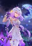  1girl absurdres bare_shoulders black_tiara blush breasts broken_moon bug butterfly castorice_(honkai:_star_rail) dress elbow_gloves flower gloves grey_hair hair_flower hair_ornament highres honkai:_star_rail honkai_(series) jewelry large_breasts long_hair looking_at_viewer moon multiple_girls open_mouth pinkyringring pointy_ears purple_eyes purple_gloves purple_hair smile solo tiara underworld very_long_hair white_dress yellow_butterfly 