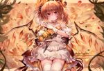  1girl absurdres alternate_costume blonde_hair blush commentary crystal crystal_wings deemo detached_sleeves falling_petals flandre_scarlet flower gloves gold_choker highres holding holding_flower long_hair looking_at_viewer marigold one_side_up orange_flower orange_petals petals red_eyes solo thighhighs top-exerou touhou white_gloves white_thighhighs wings 