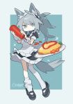  1girl absurdres ahoge aida_(aidia) animal_ear_fluff animal_ears apron asymmetrical_legwear black_collar black_dress black_shoes blue_background blue_eyes border closed_mouth collar commentary_request dress food frilled_apron frilled_dress frills full_body grey_hair highres holding ketchup_bottle long_hair looking_at_viewer maid_headdress mary_janes omelet omurice original outside_border plate ponytail shoes short_sleeves signature single_sock single_thighhigh socks solo standing sweatdrop tail thighhighs uneven_legwear white_apron white_border white_socks white_thighhighs wolf_ears wolf_girl wolf_tail 