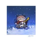  1girl artist_name black_jacket black_skirt blue_sky blush border brown_hat chibi chibi_only closed_eyes covered_mouth fur_gloves gloves grey_gloves grey_hair hair_between_eyes hat hat_with_ears highres honkai:_star_rail honkai_(series) jacket kemonomimi_mode lapels long_hair long_sleeves miniskirt night night_sky open_clothes open_jacket outdoors pom_pom_(clothes) raccoon_tail red_scarf rizu033 scarf shirt skirt sky snow solo stelle_(honkai:_star_rail) t-shirt tail trailblazer_(honkai:_star_rail) white_border white_shirt winter 