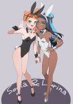  2girls alternate_costume animal_ears black_bow black_hair black_leotard black_wrist_cuffs blue_eyes bow breasts dark-skinned_female dark_skin fake_animal_ears full_body glasses green_eyes grey_background hand_on_own_hip high_heels highres holding_hands leotard long_hair looking_at_viewer medium_breasts multiple_girls naguramu nessa_(pokemon) open_mouth orange_hair playboy_bunny pokemon pokemon_swsh rabbit_ears rabbit_girl simple_background sonia_(pokemon) standing very_dark_skin white_bow white_leotard white_wrist_cuffs wrist_cuffs 
