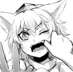  1girl animal_ears bangs blush fangs finger_in_mouth greyscale hair_between_eyes hands highres inubashiri_momiji looking_at_viewer monochrome one_eye_closed open_mouth reef sharp_teeth simple_background solo teeth touhou wolf_ears 