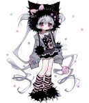  1girl :3 animal_ear_headwear black_hair bow bracelet candy closed_mouth commentary food frilled_skirt frills full_body grey_hair grey_jacket hair_between_eyes highres holding holding_candy holding_food holding_lollipop jacket jewelry leg_warmers lollipop long_hair original paw_shoes pink_bow pink_eyes pkolypop polka_dot polka_dot_shirt shirt simple_background skirt sleeves_past_fingers sleeves_past_wrists smile solo star_(symbol) striped_leg_warmers symbol-only_commentary tamagotchi_(virtual_pet) twintails very_long_hair virtual_pet_(toy) white_background 