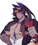  1boy anger_vein bara black_capelet blush bow brown_hair capelet closed_mouth hair_bow heathcliff_(project_moon) high_ponytail ketchup_bottle large_pectorals limbus_company long_hair mercuryhx necktie parted_bangs pectorals ponytail project_moon purple_bow purple_eyes purple_necktie simple_background solo upper_body very_long_hair white_background 