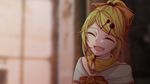  ^_^ aku_no_musume_(vocaloid) blonde_hair blurry blurry_background bow buding_nongtang chinese choker closed_eyes commentary depth_of_field earrings evillious_nendaiki flower hair_ornament hair_ribbon hairclip happy highres jewelry kagamine_rin open_mouth orange_bow pov ribbon riliane_lucifen_d'autriche rose rose_hair_ornament short_hair smile updo vocaloid window yellow_flower yellow_rose 