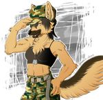  4_fingers anthro bangs bare_shoulders baseball_cap belt black_nose black_shirt breasts brown_fur brown_hair buckle camo canine clothing collarbone crop_top digital_media_(artwork) dog eyelashes female fingernails fluffy fur german_shepherd hair hat humanoid_hands inner_ear_fluff kemono long_fingernails mammal midriff multicolored_fur neck_tuft neko_chiyo orange_eyes outline pants pockets portrait sharp_fingernails sharp_teeth shirt short_hair shoulder_tuft smile solo standing tan_fur tank_top teeth three-quarter_portrait tuft 