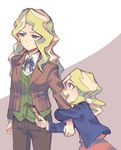 blonde_hair blue_eyes blush diana_cavendish dual_persona empty_eyes formal highres jacket little_witch_academia long_hair multiple_girls open_mouth sad smile suit time_paradox toy vento younger 